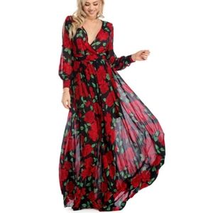 Windsor Black Roses Split Sleeve Maxi Dress